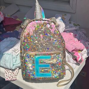 Sequin Unicorn Kids Mini Backpack - Silver Initial E